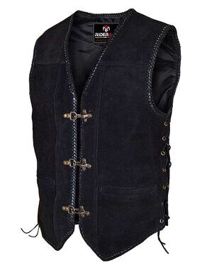 RIDERACT® Black Leather Motorcycle Vest Mens Biker Triple Clasp